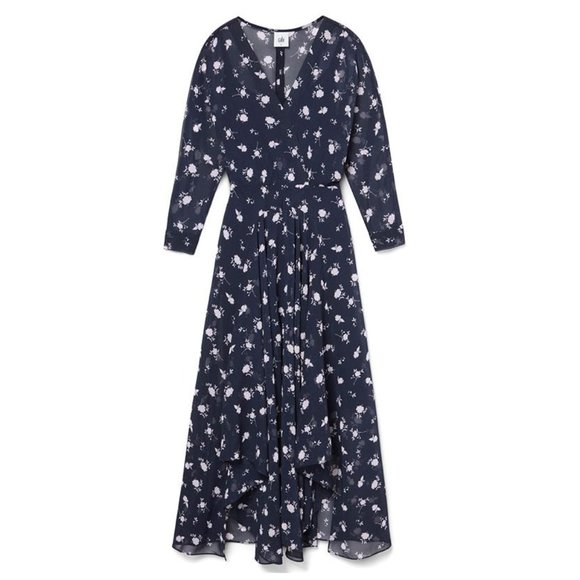CABI #5575 Midnight Navy Sheer Pemberley Print Floral Midi Dress